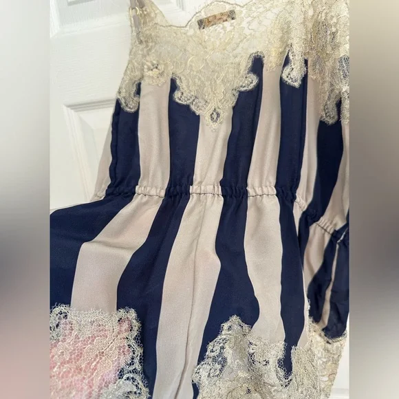 Rosamosario 100% Silk Bodysuit Playsuit Navy Cream Stripes Champagne Lace Silk - Picture 12 of 17